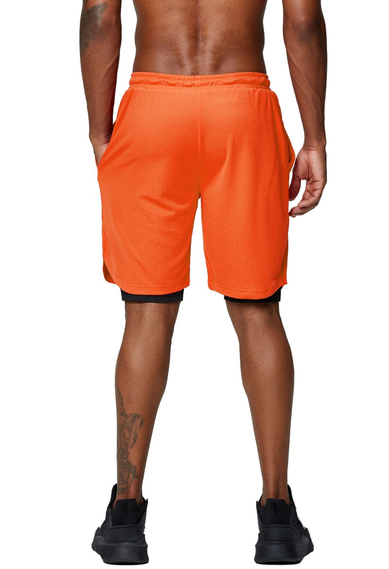 Pinkbomb Men's 2 in 1 Running Shorts Gym Workout Quick Dry Mens Shorts with Phone Pocket (Orange, Large - Image 5